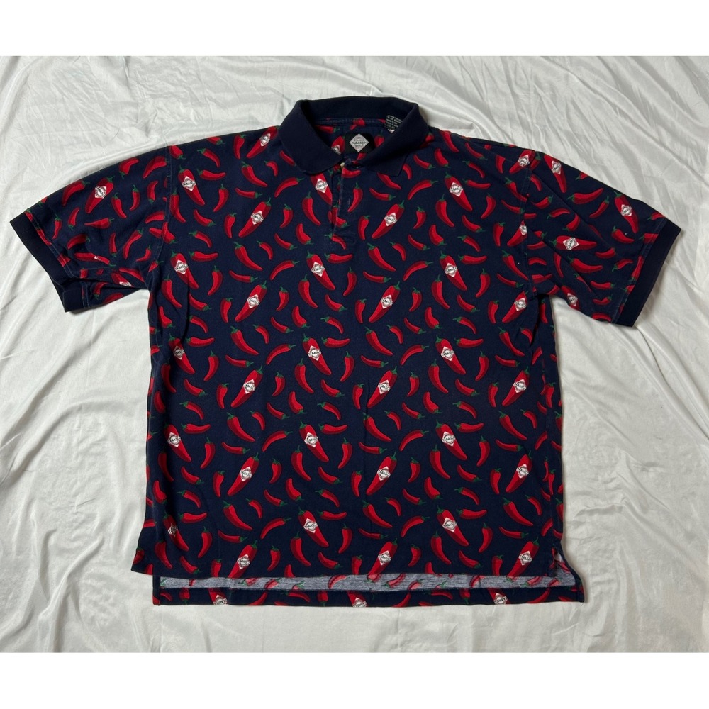 Tabasco Sportswear Mens Navy Blue Chili Pepper All Over Print Cotton Polo Sz- L
